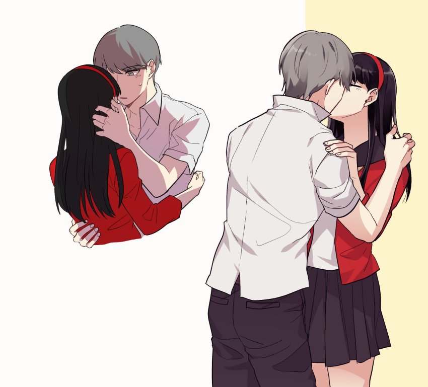 1boy, 1girl, amagi_yukiko, black_hair, blush, commentary_request, closed_eyes, grey_hair, hairband, hetero, highres, hug, image_sample, kiss, korean_commentary, long_hair, narukami_yu, persona, persona_4, pleated_skirt, road9ame, skirt, twitter_sample