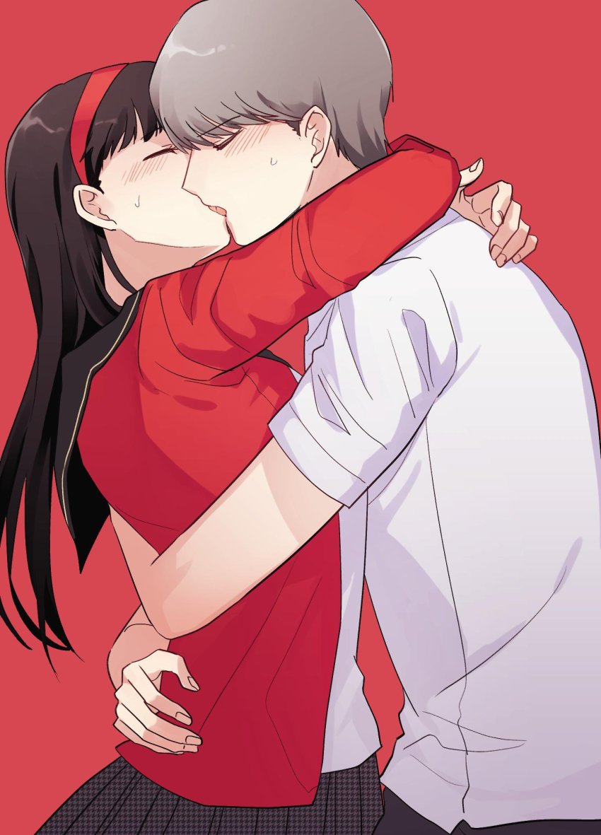 1boy, 1girl, amagi_yukiko, black_hair, blush, commentary_request, closed_eyes, grey_hair, hairband, hetero, highres, houndstooth, hug, kiss, korean_commentary, long_hair, md5_mismatch, narukami_yu, persona, persona_4, pleated_skirt, road9ame, school_uniform, skirt, yasogami_school_uniform