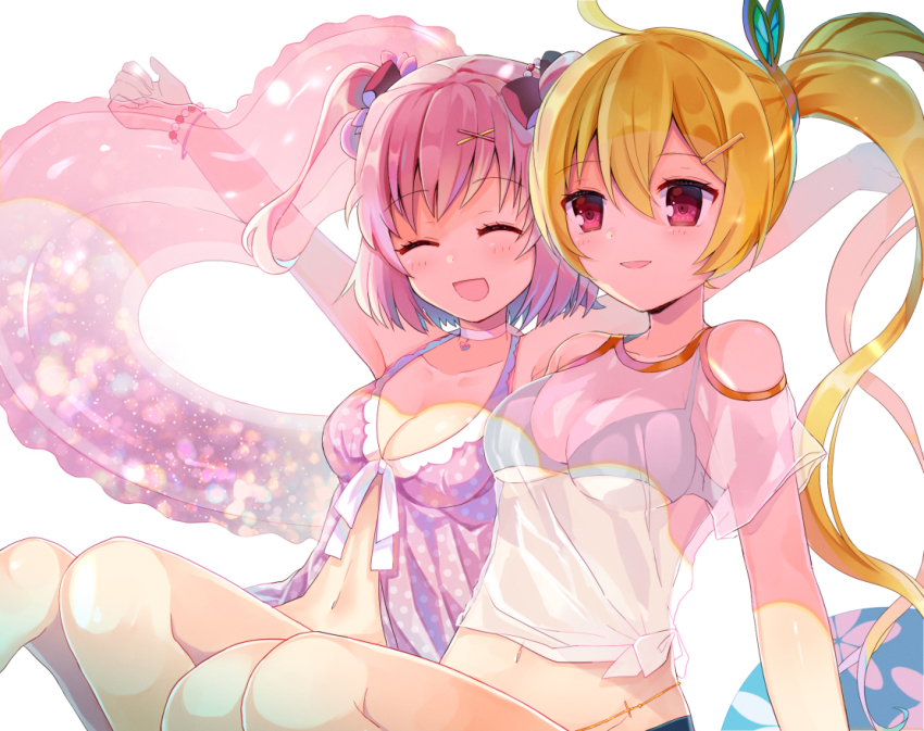 2girls, :d, ^_^, bad_id, bad_pixiv_id, bare_shoulders, bikini, bikini_under_clothes