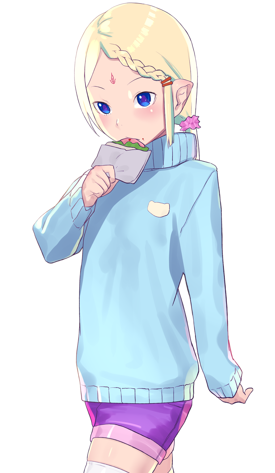 1girl, blonde_hair, blue_eyes, blue_sweater, braid, casual, cop_craft:_dragnet_mirage_reloaded, eating