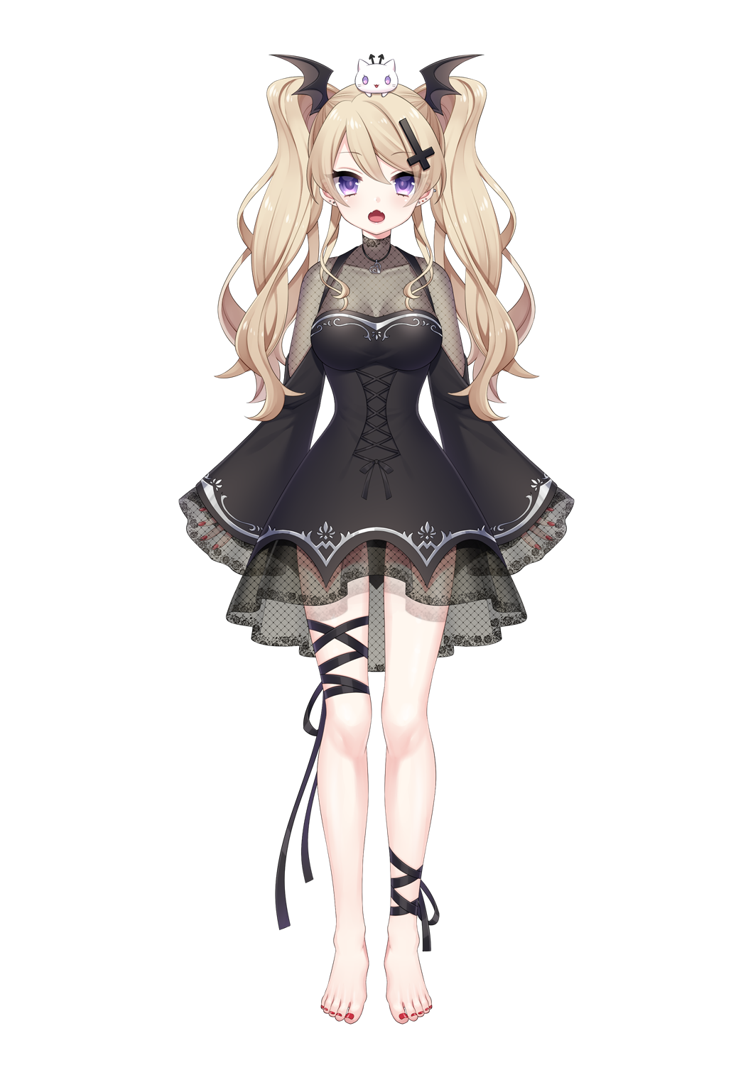 1girl, barefoot, bat_wings, black_dress, black_ribbon, blonde_hair, breasts, cleavage, collarbone, commentary_request, cross_hair_ornament, dress, female_focus, fishnets, full_body, hair_ornament, head_wings, highres, jewelry, long_hair, long_sleeves, mamiya_mao, medium_breasts, nail_polish, necklace, purple_eyes, red_nails, reface_music_production, ribbon, simple_background, sleeves_past_fingers, sleeves_past_wrists, solo, takamiya_ren, virtual_youtuber, white_background, wings