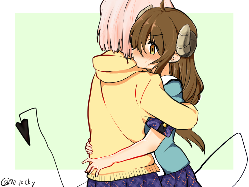 2girls, ahoge, arms_around_another's_back, arms_around_another's_waist, blush, brown_eyes, brown_hair, check_commentary, chiyoda_momo, commentary_request, demon_tail, horns, hug, long_hair, machikado_mazoku, multiple_girls, nao_(70_pocky), pink_hair, simple_background, skirt, sweater, tail, twitter_username, very_long_tail, yoshida_yuuko, yuri