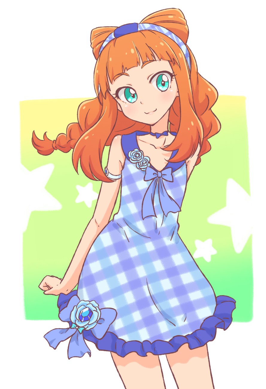 1girl, aikatsu!_(series), aikatsu_stars!, arm_cuffs, bare_shoulders, birthday, blue_choker, blue_dress