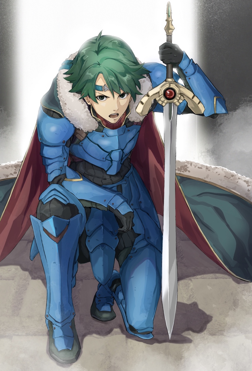 1boy, absurdres, alm_(fire_emblem), alm_(imperial_ascent)_(fire_emblem), armor, armored_boots, boots, cape, falchion_(fire_emblem), fire_emblem, fire_emblem_echoes:_shadows_of_valentia, fire_emblem_heroes, fur_trim, gloves, green_eyes, green_hair, headband, highres, himuro_yukichiko, kneeling, male_focus, nintendo, on_one_knee, open_mouth, solo, teeth