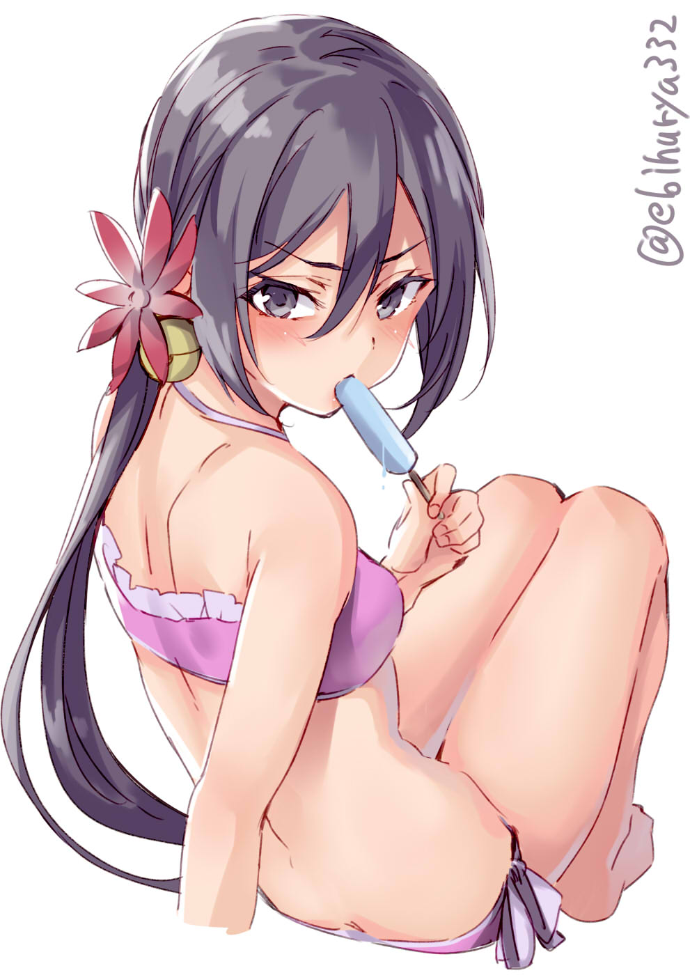 1girl, akebono_(kancolle), akebono_(swimsuit)_(kancolle), alternate_costume, bell, bikini, blush, butt_crack