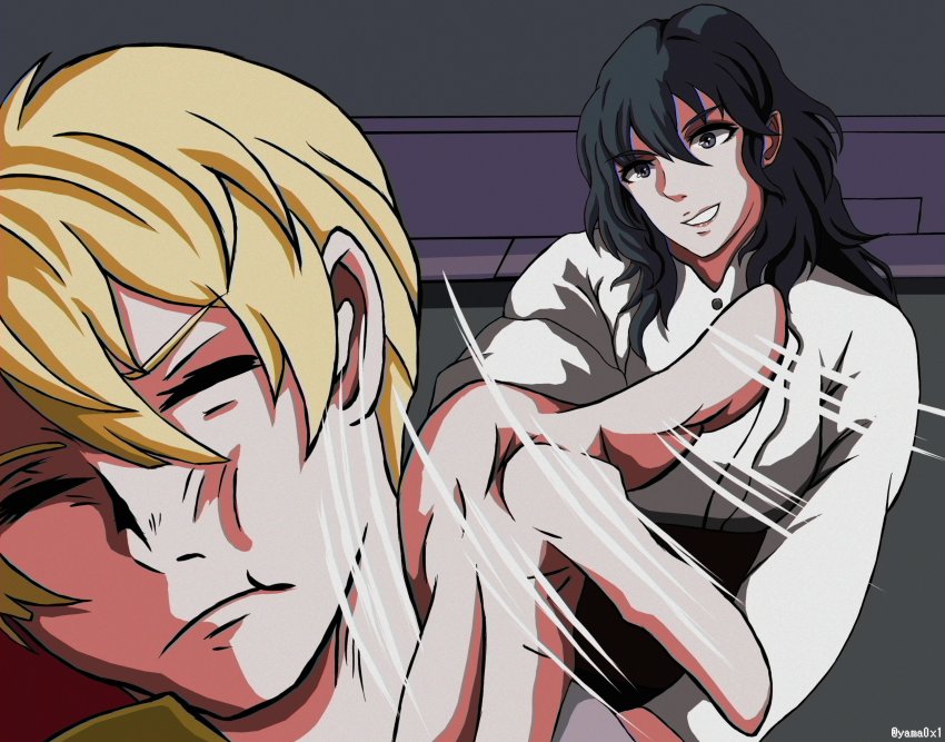 1boy, 1girl, absurdres, blonde_hair, bright_slap, female_byleth_(fire_emblem), chargeman_ken!, closed_eyes