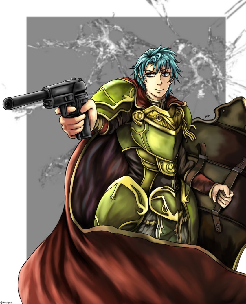 absurdres, ephraim_(fire_emblem), ephraim_(sacred_twin_lord)_(fire_emblem), fire_emblem, fire_emblem:_the_sacred_stones, fire_emblem_heroes, grey_background, gun