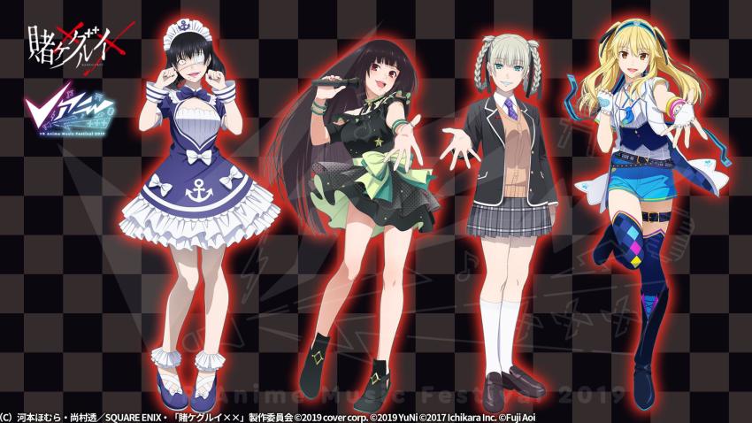 4girls, alternate_costume, anchor_print, anchor_symbol, aoi_ch., bell, belt, belt_buckle, black_dress, black_footwear, black_hair, blonde_hair, blue_dress, blue_eyes, blue_footwear, blue_shorts, blue_thighhighs, blunt_bangs, boots, bracelet, braid, braided_hair_rings, breasts, brown_eyes, buckle, checkered_background, cleavage, cleavage_cutout, clenched_hand, clothing_cutout, copyright_name, copyright_notice, cosplay, costume_switch, crossover, dated, detached_sleeves, dress, eyepatch, fingerless_gloves, fuji_aoi, fuji_aoi_(cosplay), gloves, hair_ribbon, hair_rings, heart, highres, higuchi_kaede, higuchi_kaede_(cosplay), holding, holding_microphone, hololive, ikishima_midari, jabami_yumeko, jewelry, kakegurui, knees, leg_belt, logo, long_hair, looking_at_viewer, maid_headdress, medium_breasts, medium_hair, microphone, minato_aqua, minato_aqua_(1st_costume), minato_aqua_(cosplay), miniskirt, momobami_kirari, multiple_crossover, multiple_girls, nijisanji, official_art, open_mouth, piercing, reaching, reaching_towards_viewer, red_eyes, ribbon, saotome_mary, shoes, shorts, silver_hair, skirt, small_breasts, smile, standing, thighhighs, thighs, twin_braids, twintails, virtual_youtuber, watermark, white_gloves, white_headdress, yuni_(yuni_channel), yuni_(yuni_channel)_(cosplay), yuni_channel