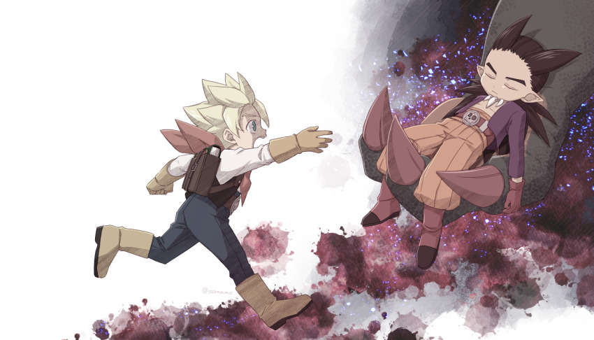 2boys, backpack, bad_id, bad_pixiv_id, bag, black_hair, blonde_hair, blood, blood_splatter, blue_eyes, blue_pants, boots, brown_footwear, brown_gloves, carrying, claws, closed_mouth, dragon_quest, dragon_quest_builders_2, closed_eyes, gloves, knee_boots, long_hair, male_builder_(dqb2), male_focus, multiple_boys, open_mouth, orange_pants, pants, pointy_ears, profile, purple_shirt, reaching, red_footwear, red_gloves, red_scarf, running, samoimo, scarf, shirt, shoes, sidoh_(dqb2), skull_belt, spiked_hair, spoilers, unconscious