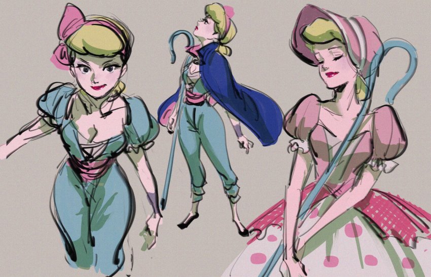3girls, beige_background, blonde_hair, blue_cape, bo_peep_(toy_story), breasts, cape, closed_eyes, commentary, disney, dress, dual_persona, expressionless, frilled_sleeves, frills, full_body, hair_ribbon, hairband, hat, highres, holding, holding_staff, light_smile, looking_away, looking_up, masso, medium_breasts, multiple_girls, multiple_views, pink_dress, pink_hairband, pink_headwear, pink_ribbon, pixar, polka_dot, polka_dot_dress, profile, puffy_short_sleeves, puffy_sleeves, red_lips, ribbon, short_hair, short_sleeves, simple_background, smile, staff, standing, toy_story, toy_story_4, upper_body, v-shaped_eyebrows