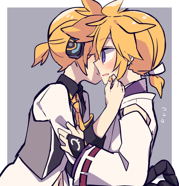 2boys, blonde_hair, blush, bridal_gauntlets, commentary, detached_sleeves, dual_persona, grey_vest, hair_tie, hand_on_another's_cheek, hand_on_another's_face, headphones, japanese_clothes, kagamine_len, kagamine_len_(blue_moon), kagamine_len_(indigo), male_focus, multiple_boys, nail_polish, navel, necktie, nuzzle, parted_lips, ponytail, project_diva_(series), purple_eyes, shirt, short_hair, short_ponytail, spiked_hair, sweat, upper_body, vest, vocaloid, white_shirt, yaoi, yellow_nails, yellow_neckwear, yoshiki