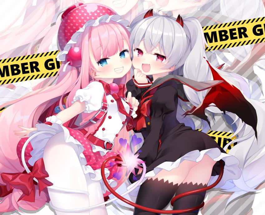 2girls, :d, ahoge, ass, backpack, bag, black_dress, black_legwear