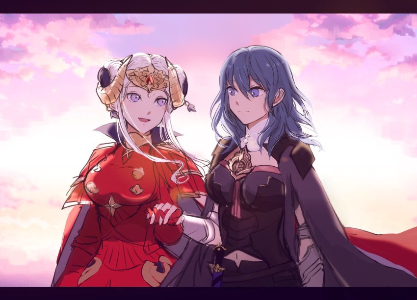 2girls, armor, bad_id, bad_twitter_id, breasts, female_byleth_(fire_emblem), cape, closed_mouth, couple, doku_ringo36, edelgard_von_hresvelg, edelgard_von_hresvelg_(timeskip), fire_emblem, fire_emblem:_three_houses, gloves, hair_ornament, highres, horns, large_breasts, long_hair, medium_breasts, multiple_girls, nintendo, pantyhose, purple_eyes, purple_hair, red_cape, short_hair, simple_background, smile, upper_body, white_hair, yuri