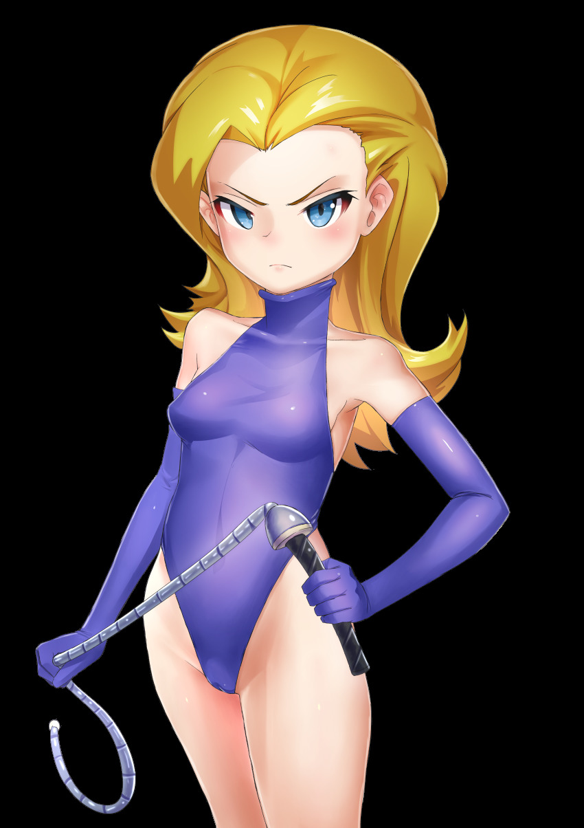1girl, absurdres, blonde_hair, blue_eyes, breasts, cameltoe, carbon12th, closed_mouth, commentary, commission, commissioner_upload, dominatrix, elbow_gloves, electra_(bare_knuckle), female_focus, gloves, highres, huge_filesize, leotard, long_hair, looking_at_viewer, sega, simple_background, solo, streets_of_rage, transparent_background, whip, white_background