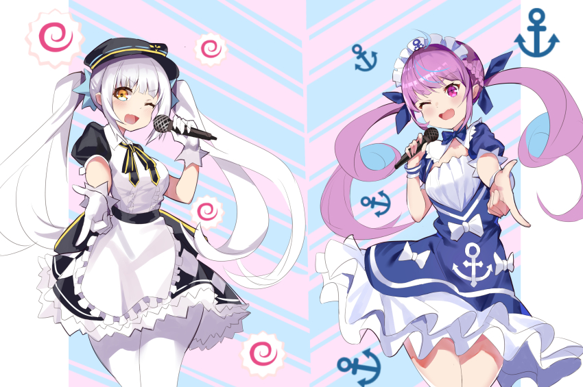 2girls, absurdres, blue_hair, braid, breasts, dress, hair_ribbon, highres