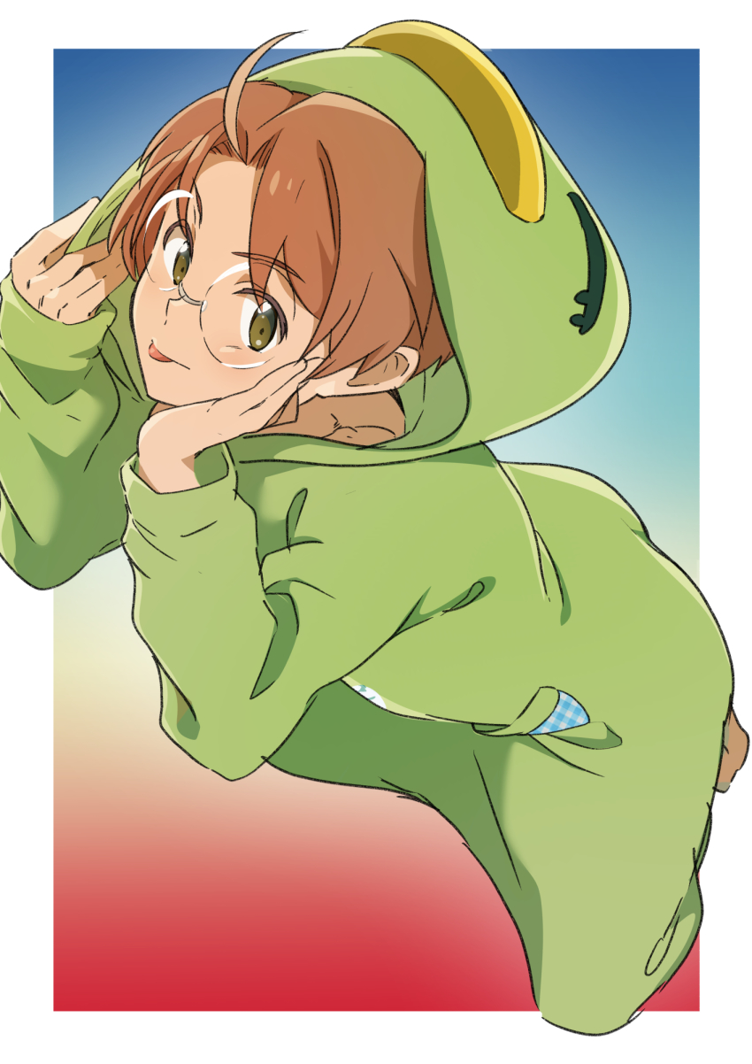 1boy, animal_costume, brown_hair, cosplay, glasses, green_eyes, highres, jinnai_enta, kappa_costume, kigurumi, looking_at_viewer, male_focus, sarazanmai, simple_background, smile, solo, takamiya_mizuki