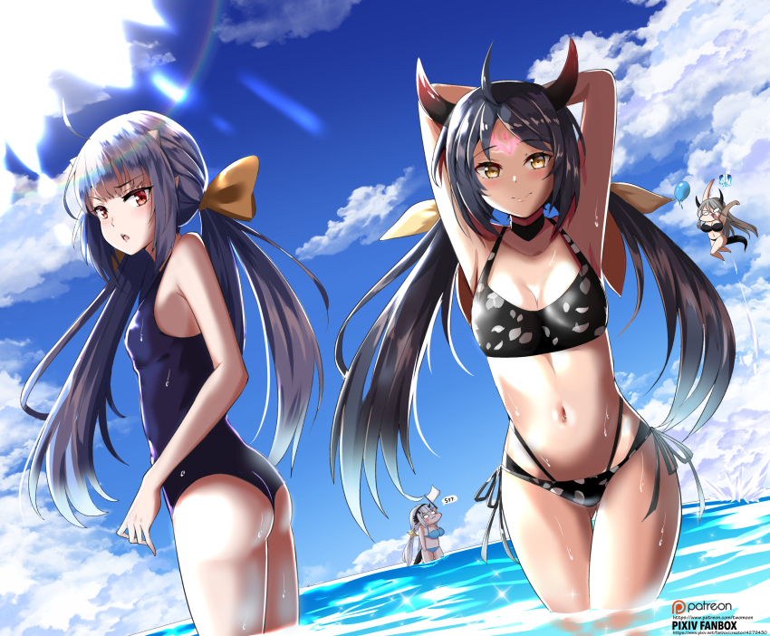 4girls, apocalypse_ravi_(epic_seven), armpits, ball, bikini, cloud, day, epic_seven, highres, luna_(epic_seven), multiple_girls, ravi_(epic_seven), ribbon, swimsuit, twintails, twomoon, water, yufine_(epic_seven)
