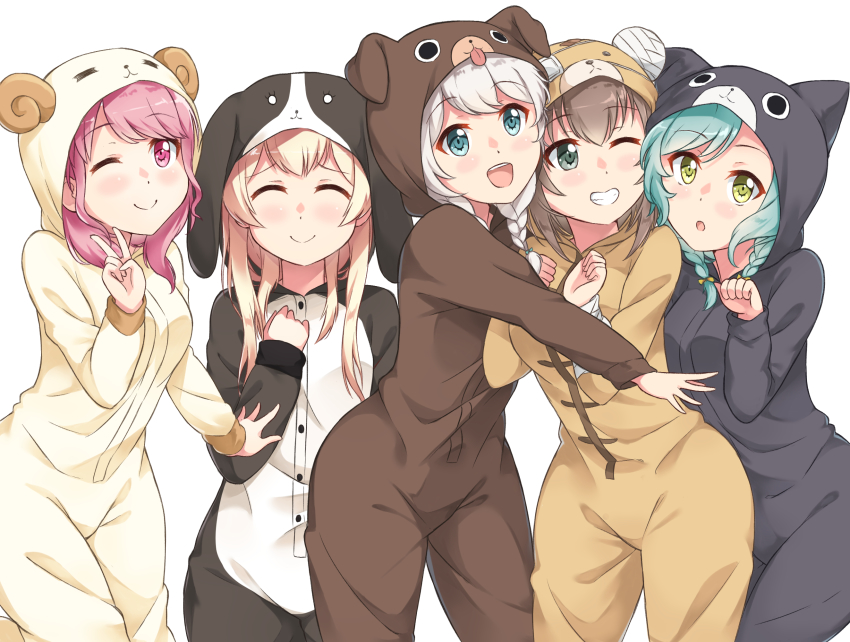 10s, 5girls, :3, :d, ;), =_=, ^_^, animal_costume, aqua_hair, bandaged_ear, bang_dream!, bang_dream!_girls_band_party!, blonde_hair, blue_eyes, blush, braid, brown_hair, cat_costume, clenched_hand, closed_eyes, commentary_request, cosplay, dog_costume, eyepatch, far_is_a, green_eyes, grin, hand_on_own_chest, highres, hikawa_hina, hug, kigurumi, long_sleeves, looking_at_viewer, maruyama_aya, monkey_costume, multiple_girls, o_o, one_eye_closed, open_mouth, pastel_palettes_(bang_dream!), paw_pose, pink_eyes, pink_hair, rabbit_costume, sheep_costume, shirasagi_chisato, short_hair, side_braids, simple_background, smile, standing, tongue, v, wakamiya_eve, white_background, white_hair, yamato_maya