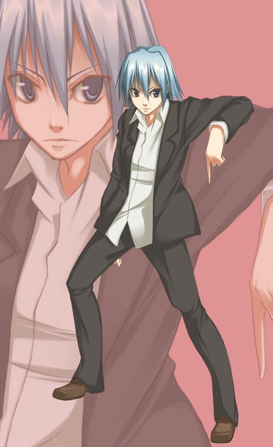00s, 1boy, ayasaki_hayate, bad_id, bad_pixiv_id, blue_hair, brown_shoes, formal_clothes