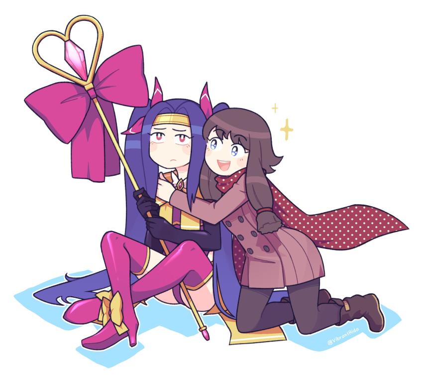 2girls, artist_name, bartender, black_hair, blue_eyes, blush, boots, brown_hair