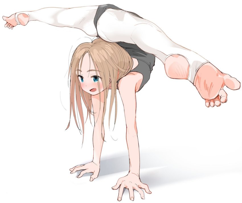 1girl, :d, ass, athletic_leotard, bad_id, bad_twitter_id, bare_arms, bare_shoulders