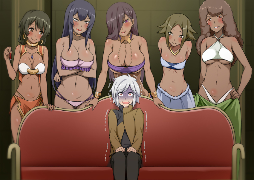 1boy, 5girls, :d, :q, afro, aisha_belka, arms_behind_back, arms_under_breasts, bell_cranel, black_hair, blush, breasts, brown_hair, character_request, cleavage, couch, crossed_arms, dark-skinned_female, dark_skin, darkmaya, dungeon_ni_deai_wo_motomeru_no_wa_machigatteiru_darou_ka, earrings, femdom, flat_chest, grin, hair_over_one_eye, hand_on_own_hip, harem, heart, heart-shaped_pupils, hoop_earrings, huge_breasts, imminent_rape, jewelry, large_breasts, lena_tally, licking_lips, long_hair, looking_at_another, looking_at_viewer, medium_breasts, meme, midriff, multiple_girls, navel, necklace, on_couch, open_mouth, piper_perri_surrounded_(meme), purple_eyes, red_eyes, revealing_clothes, shota, sitting, skirt, small_breasts, smile, standing, symbol-shaped_pupils, tongue, tongue_out, trembling, underboob, white_hair, you_gonna_get_raped