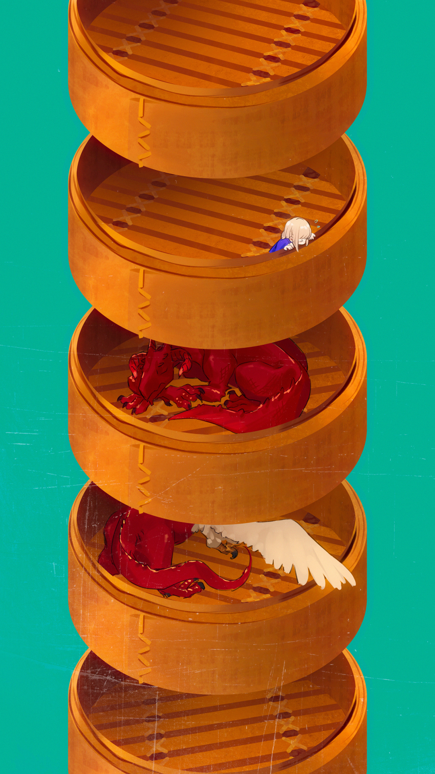 0x3, 1girl, absurdres, aqua_background, bamboo_steamer, blonde_hair, chimera, claws