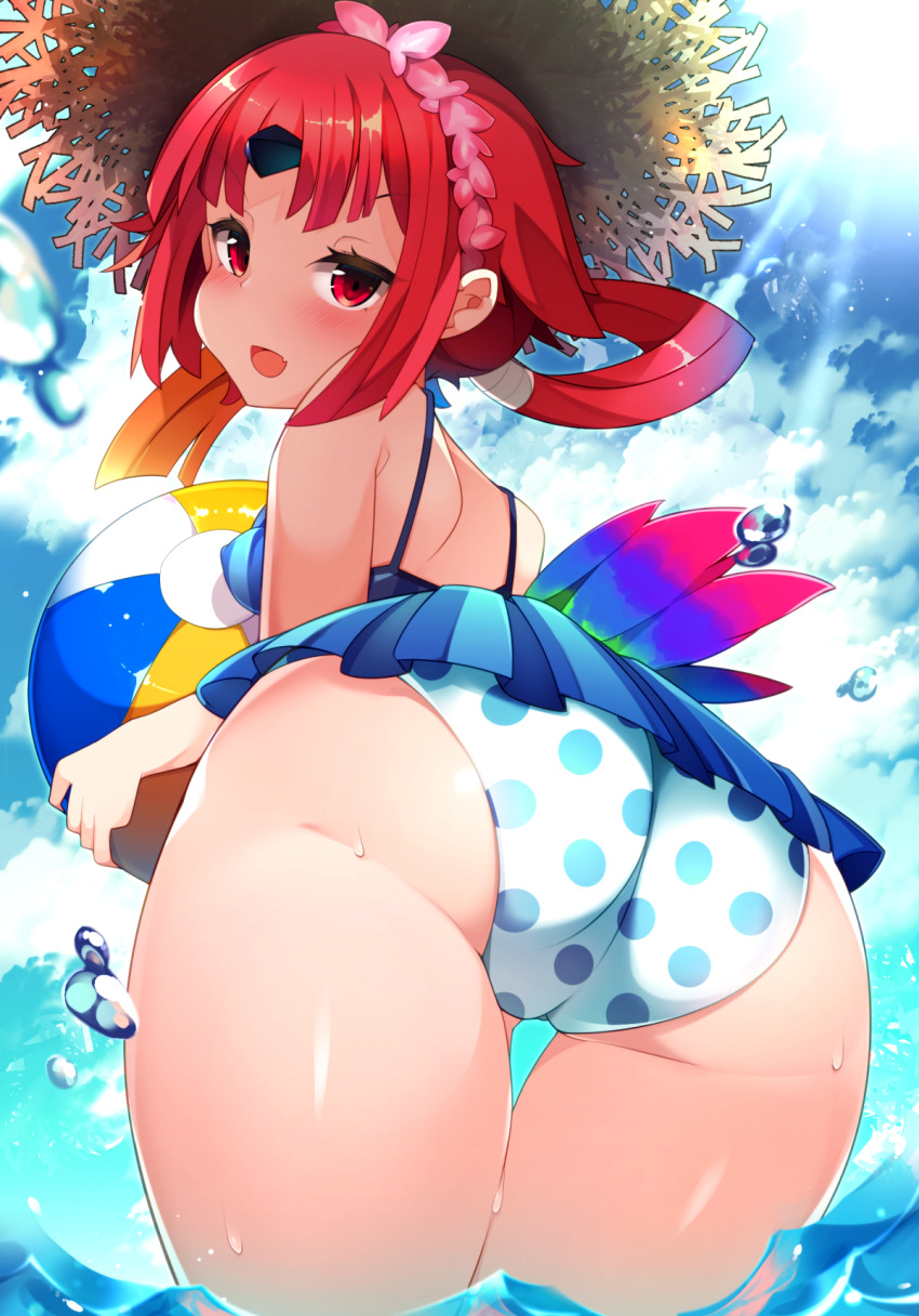 1girl, ass, beni-enma, beni-enma_(summer_enma-tei), bent_over, bikini, blush, breasts, covered_erect_nipples, day, fang, fate/grand_order, fate_(series), female_focus, from_behind, hair_ornament, hat, highres, huge_ass, legs_together, looking_at_viewer, looking_back, open_mouth, outdoors, polka_dot, polka_dot_bikini, shiny_skin, short_hair, skin_fang, small_breasts, smile, solo, straw_hat, summer_enma-tei, swimsuit, tail, thigh_gap, wading, water, wet, zamudelin
