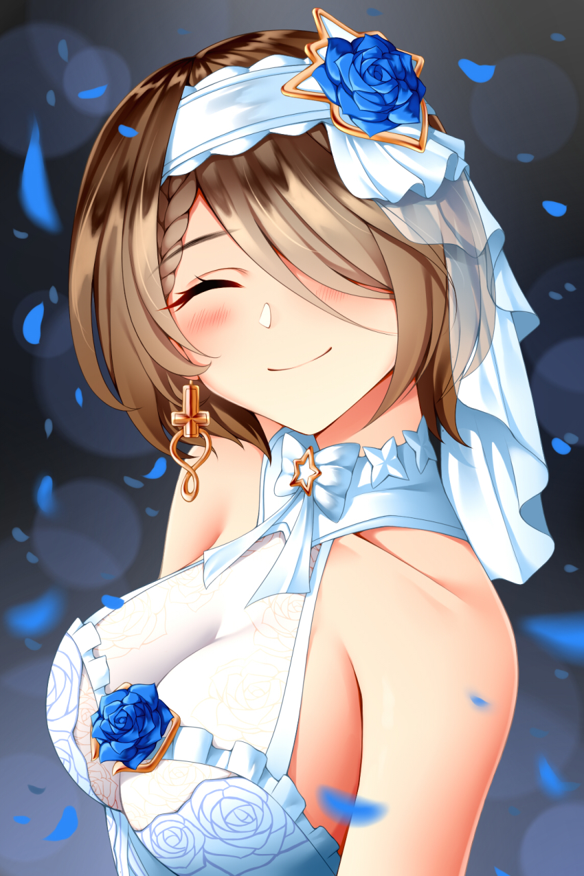 1girl, honkai_gakuen, blush, bow, braid, breasts, bridal_veil, brown_hair