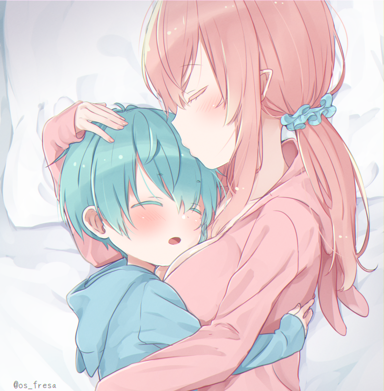 1boy, 1girl, age_difference, blue_hair, blush, closed_eyes, cuddling, kissing_head