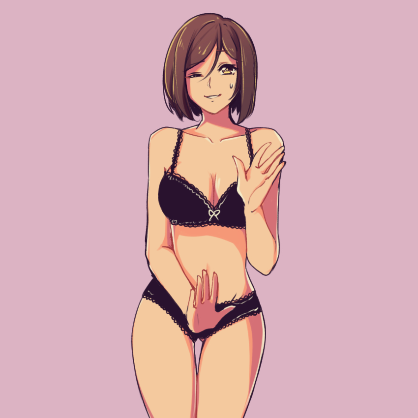 1girl, black_bra, black_panties, bob_cut, bra, brown_eyes, brown_hair, colored_skin