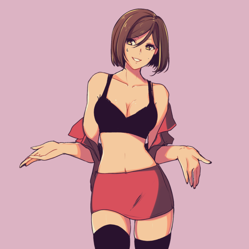 1girl, black_bra, black_thighhighs, bob_cut, bra, breasts, brown_eyes, brown_hair