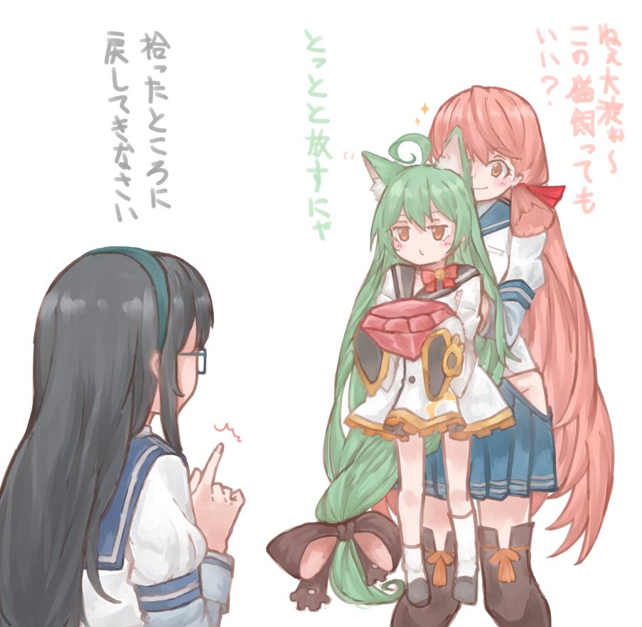 3girls, ahoge, akashi_(azur_lane), akashi_(kancolle), animal_ears, azumaya_toride, azur_lane, black_hair
