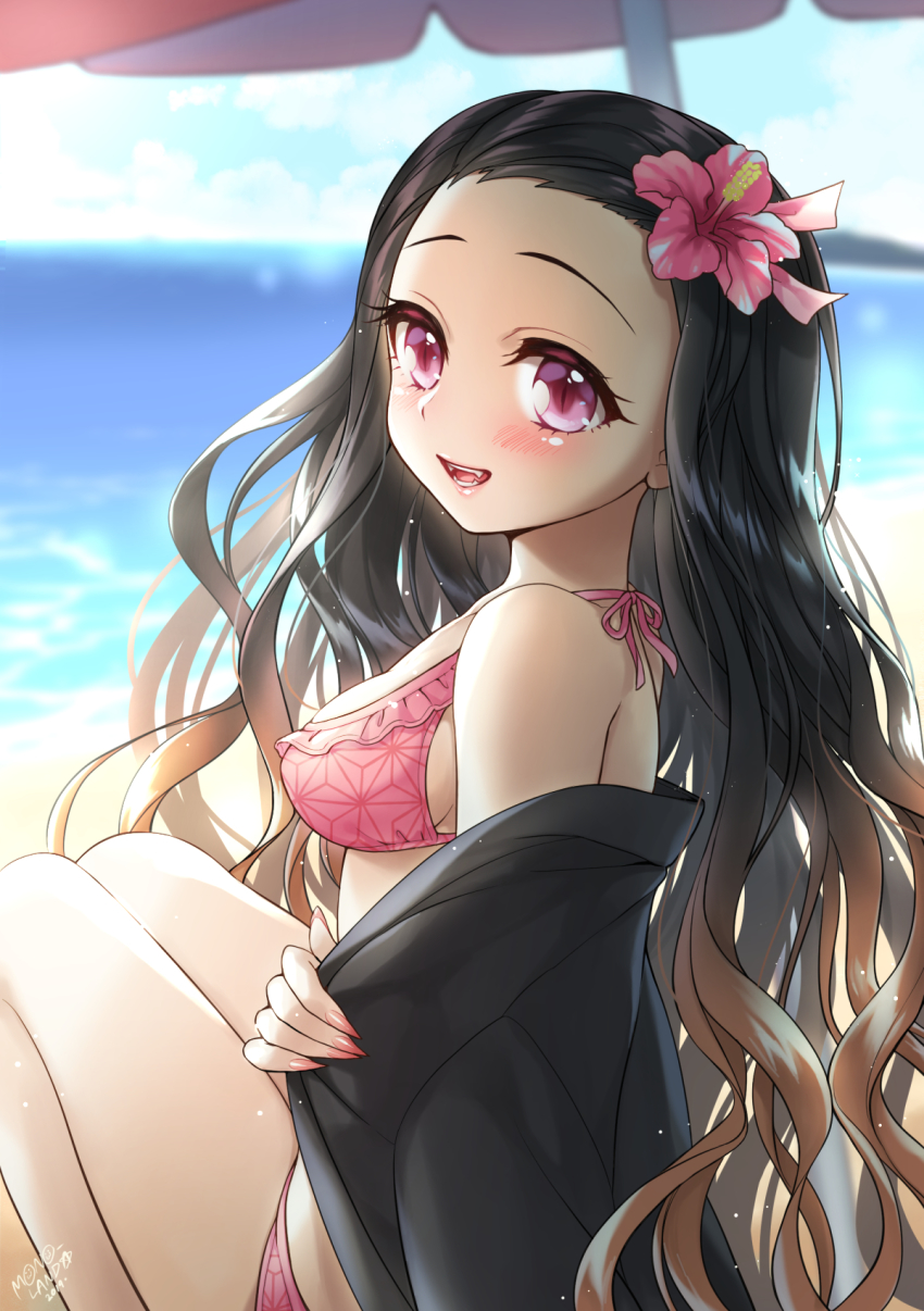 1girl, 2019, :d, adapted_costume, bare_shoulders, bikini, bikini_under_clothes, black_hair