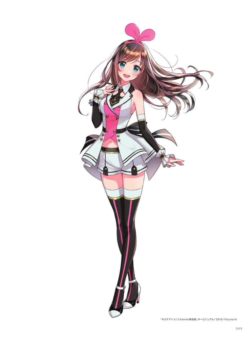 1girl, :d, black_bow, black_necktie, black_sleeves, black_thighhighs, blue_eyes, blush, bow, breasts, brown_hair, detached_sleeves, female_focus, floating_hair, full_body, hairband, head_tilt, high_heels, highres, kizuna_ai, kizuna_ai_(elegant), kizuna_ai_inc., long_hair, long_sleeves, looking_at_viewer, medium_breasts, midriff, morikura_en, navel, necktie, open_mouth, pink_hairband, pumps, short_necktie, short_shorts, shorts, sideboob, simple_background, smile, solo, standing, stomach, striped_bow, swept_bangs, thighhighs, very_long_hair, virtual_youtuber, white_background, white_shorts, zettai_ryouiki