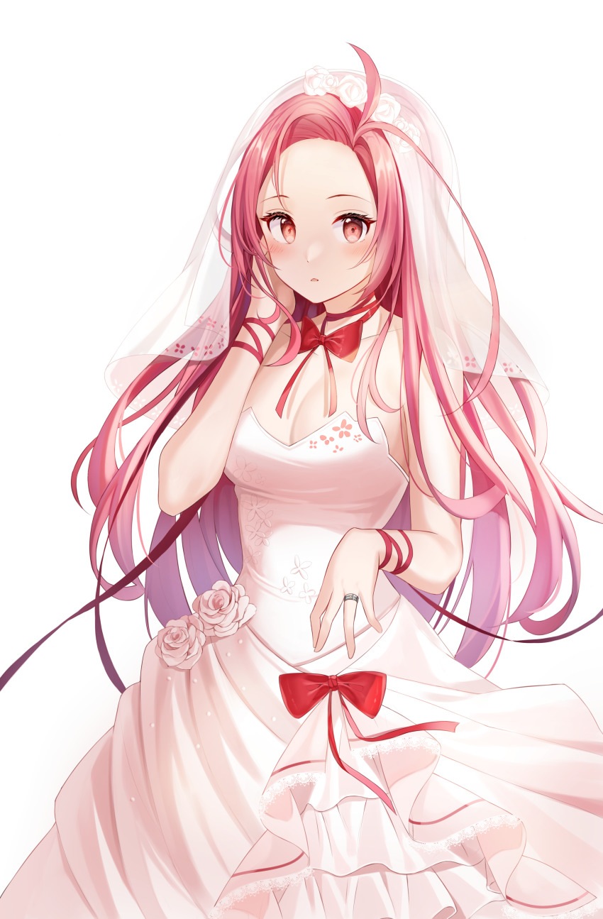 1girl, absurdres, ahoge, blush, bow, bowtie, breasts, bridal_veil
