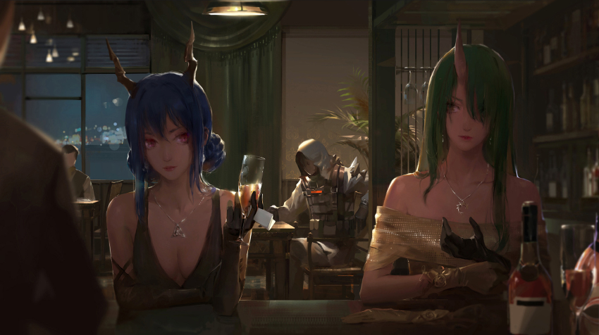 2girls, 3boys, a-m-one, adjusting_clothes, adjusting_gloves, arknights, bar_(place), bare_shoulders
