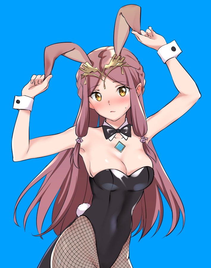1girl, alternate_costume, animal_costume, animal_ears, arms_up, blue_background, blush, breasts
