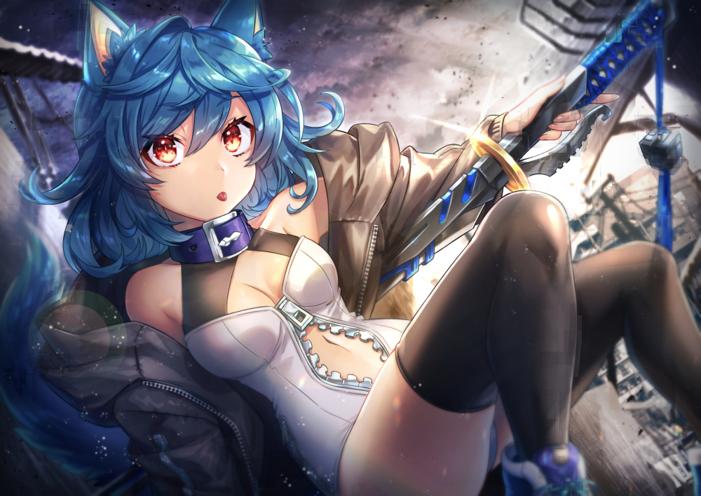 1girl, animal_ear_fluff, animal_ears, ass, bad_id, bad_pixiv_id, bare_shoulders, black_jacket