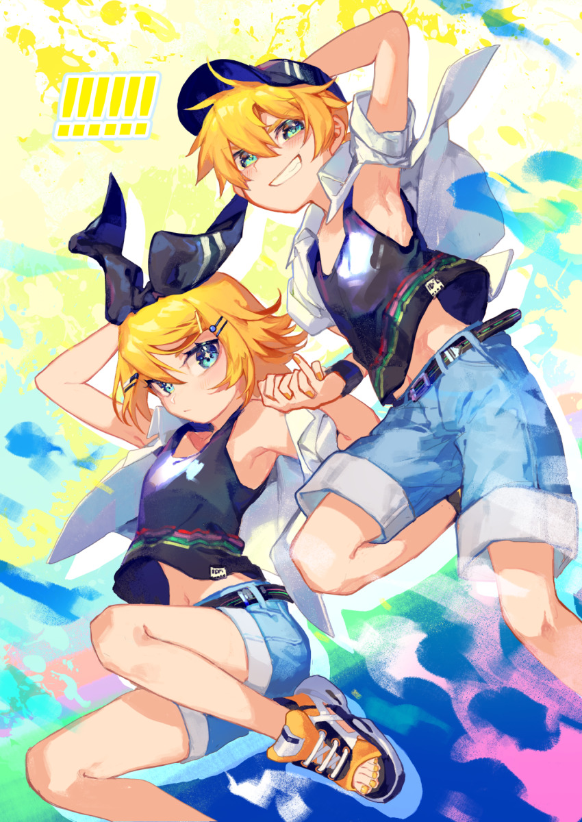 !, !!, 1boy, 1girl, :<, :/, aqua_eyes, armpits