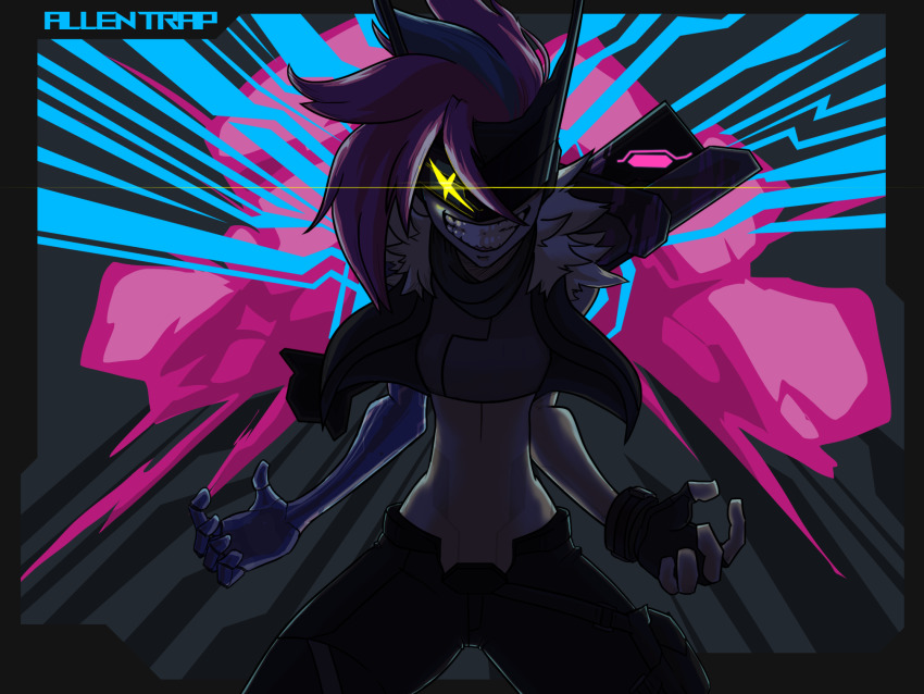 1girl, female_focus, grin, gun, highres, jinx_(league_of_legends), league_of_legends, long_hair