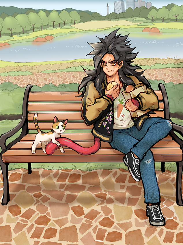 1boy, bench, black_hair, blue_sky, body_fur, building, casual, cat, cn_tower, crossed_legs, day, denim, dragon_ball, dragon_ball_gt, eating, food, food_on_face, hano_(hanos91), jacket, jeans, lake, long_hair, male_focus, monkey_tail, pants, park, park_bench, shoes, sky, skyscraper, sneakers, solo, son_goku, super_saiyan, super_saiyan_4, tail, toronto, tree, yellow_eyes
