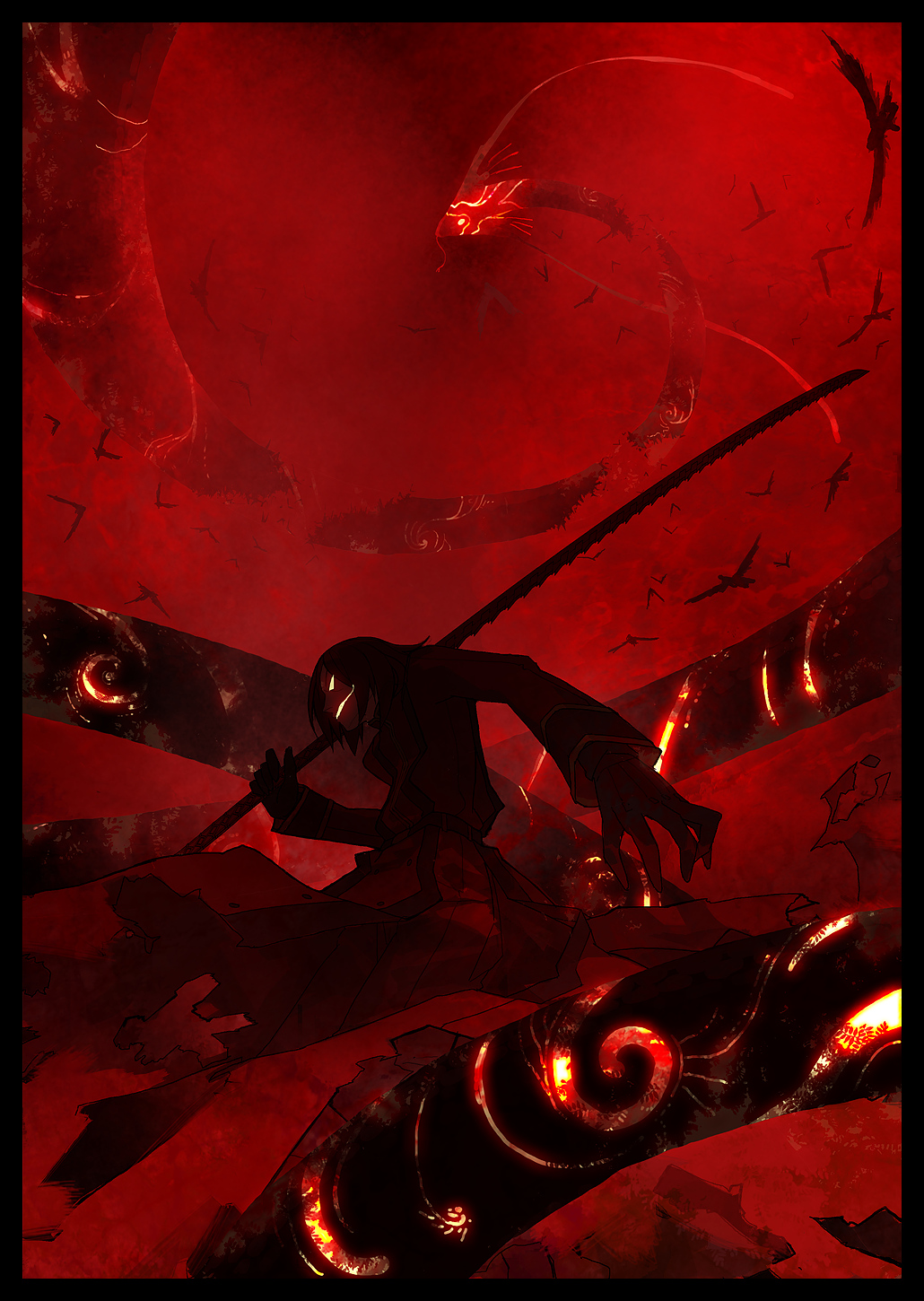 1boy, bird, evil_grin, evil_smile, glowing, glowing_eyes, grin, highres, katana, male_focus, pixiv_fantasia, pixiv_fantasia_3, red_theme, smile, snake, solo, sword, tsukuba_masahiro, weapon, yata_(pixiv_fantasia)