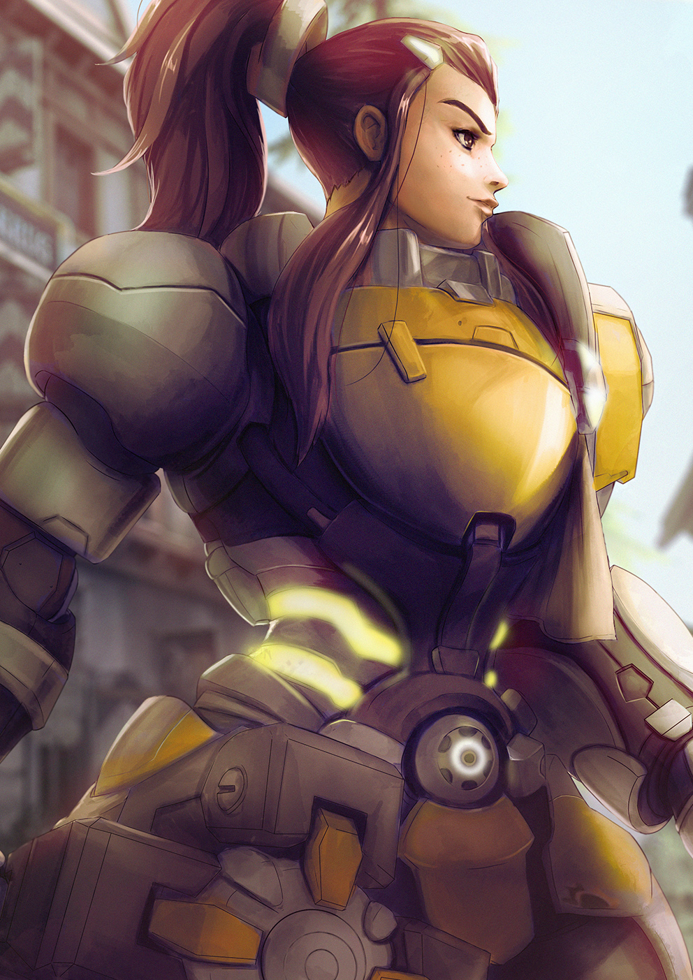 1girl, armor, breastplate, brigitte_(overwatch), brown_eyes, brown_hair, day, faulds