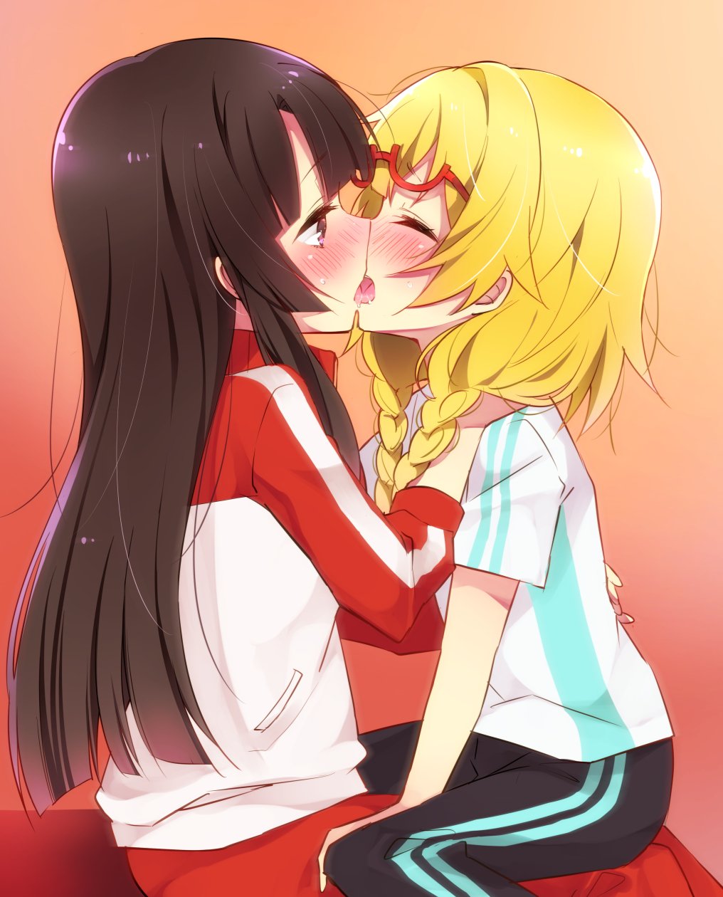 2girls, black_hair, blonde_hair, blunt_bangs, blunt_ends, blush, braid, closed_eyes