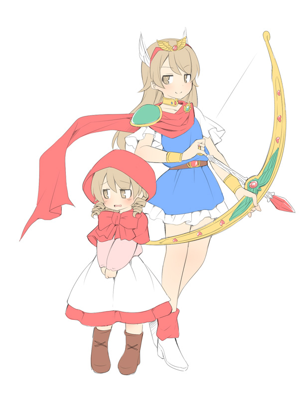 >:), 2girls, akazukin_chacha, apron, armor, arrow_(projectile), bad_id, bad_pixiv_id