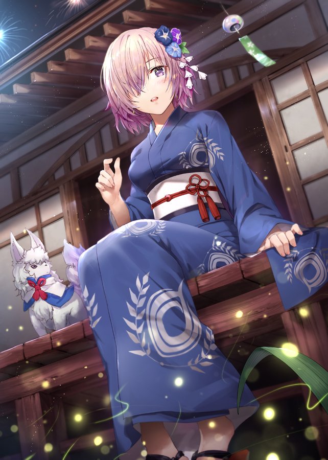 fate/grand_order, fate_(series), fou_(fate), gabiran, hair_ornament, hair_over_one_eye, japanese_clothes, kimono, light_purple_hair, long_hair, mash_kyrielight, mash_kyrielight_(anniversary_heroines), obi, official_alternate_costume, outdoors, porch, print_kimono, sandals, sash, short_hair, sitting, wind_chime, yukata
