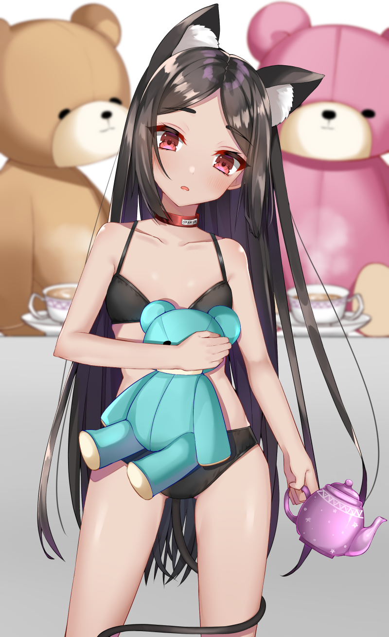 1girl, animal_ear_fluff, animal_ears, bare_arms, bare_shoulders, black_bra, black_hair, black_panties
