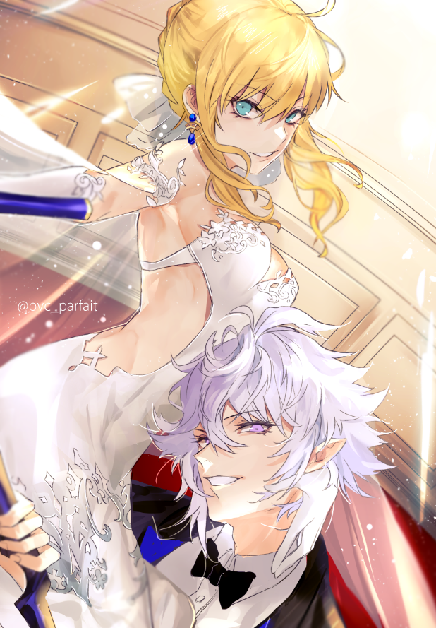 1boy, 1girl, armpits, artoria_pendragon_(fate), backless_dress, backless_outfit, black_neckwear, blonde_hair