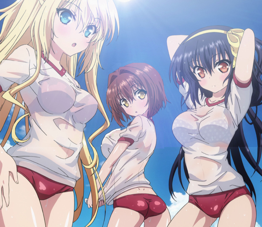 3girls, absolute_duo, aqua_eyes, arms_up, ass, black_hair, blonde_hair, blush